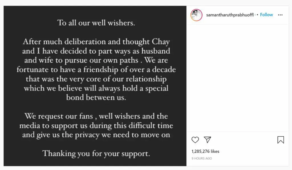 Samantha Akkeini and Naga Chaitanya Separation Announcement Statement on Instagram